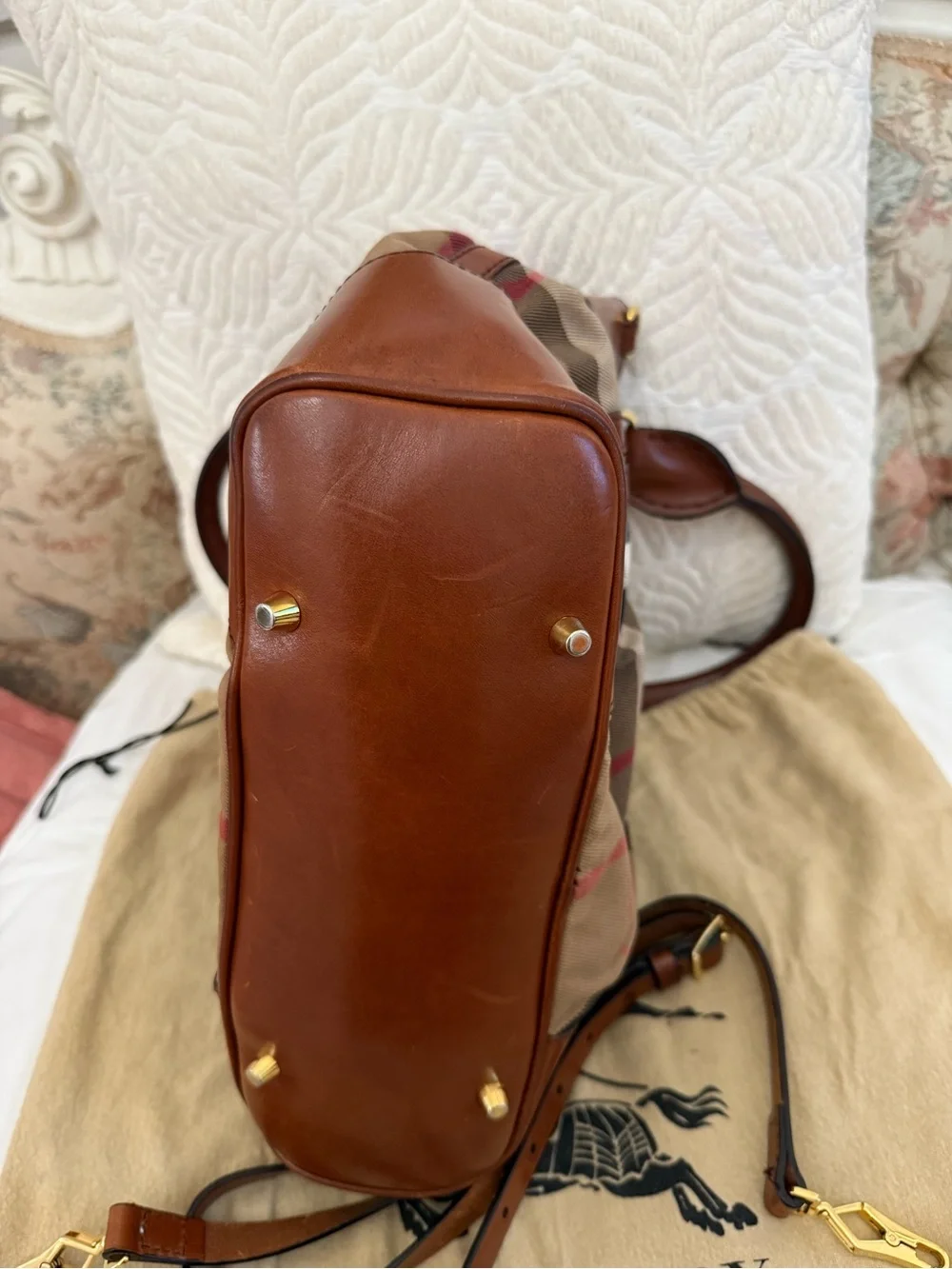 Burberry Tan Check Canvas Tote with Brown Leather Trim and Gold Hardware